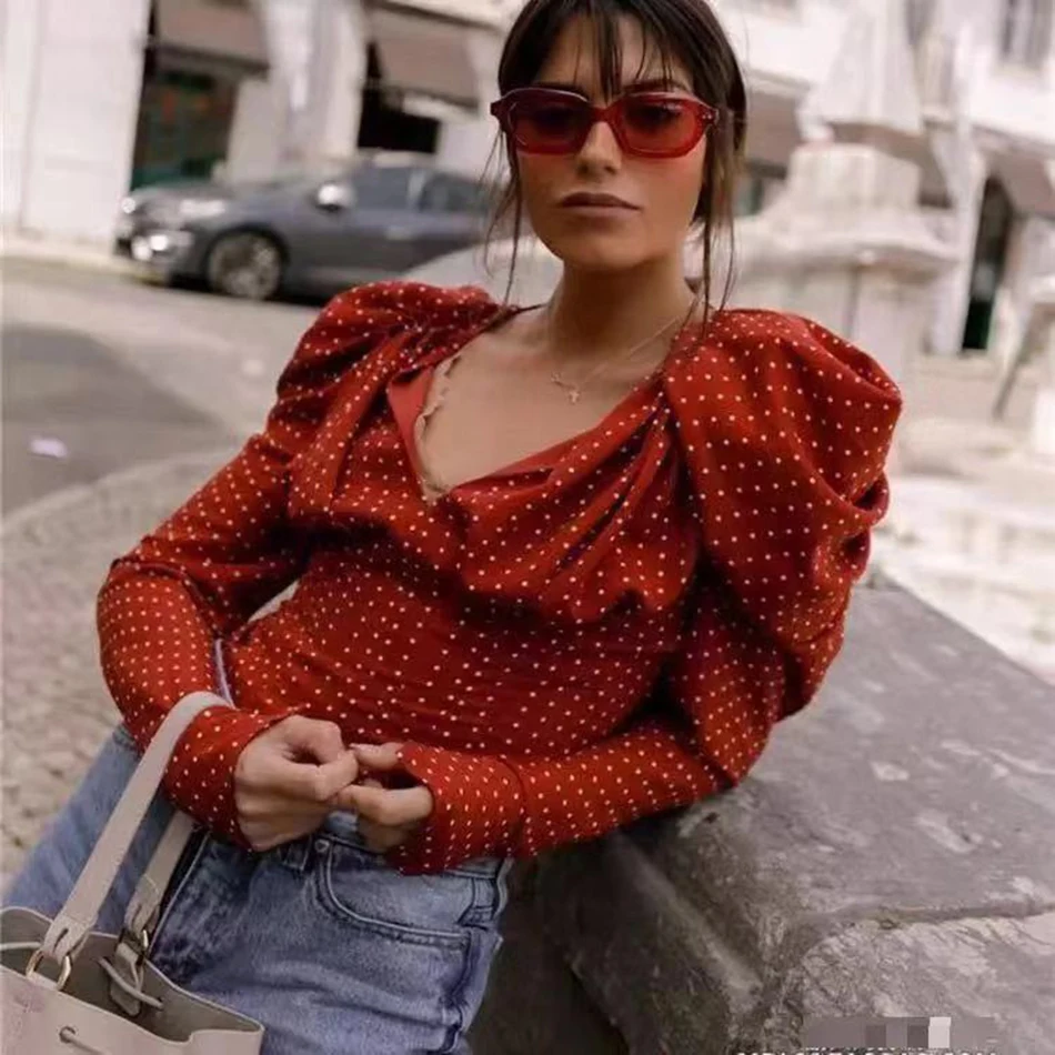 

Fashion Celebrity Women's Polka Dot Print Tight Shirt Top Sexy V-neck Bubble Long Sleeve Club Party Red Top 2020 Spring New