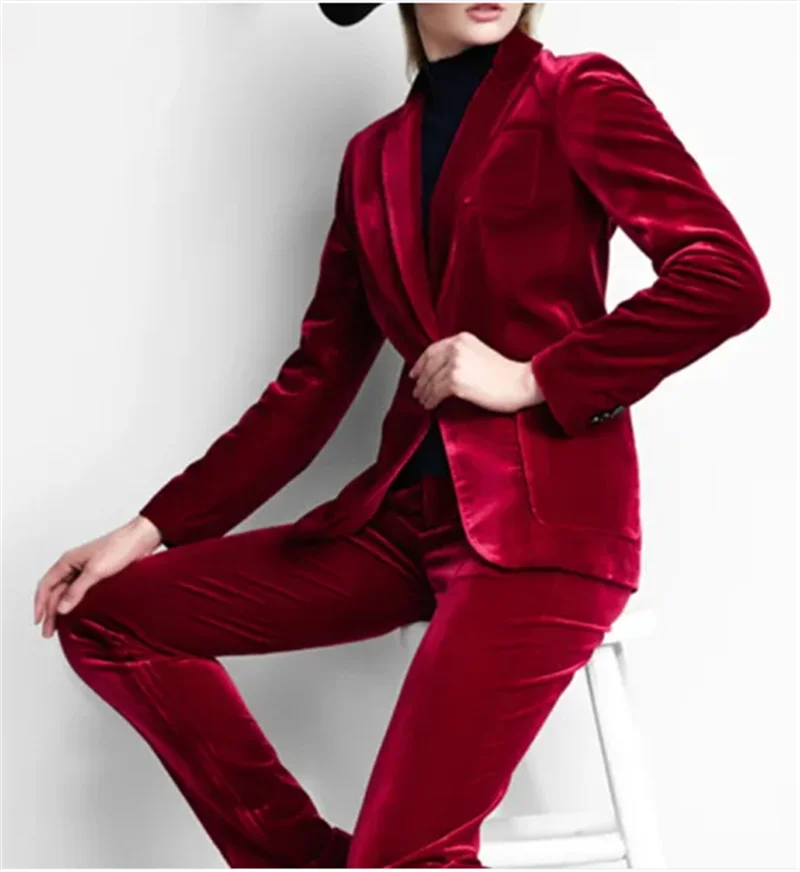 Женский бархатный брючный костюм облегающий офисный цвет бордовый | Женская