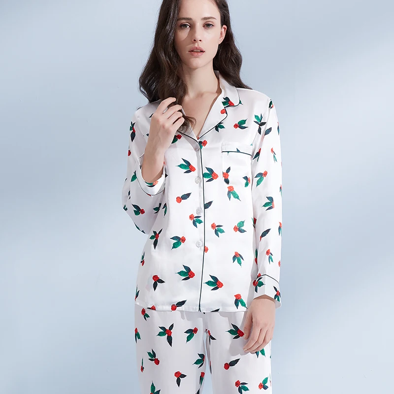 Women 100% Real Silk Pajamas Set 2021 Printed Nightgown for Young Moms Pyjama Femme Sleep Lounge Bedgown Silk Sleepwear Suits