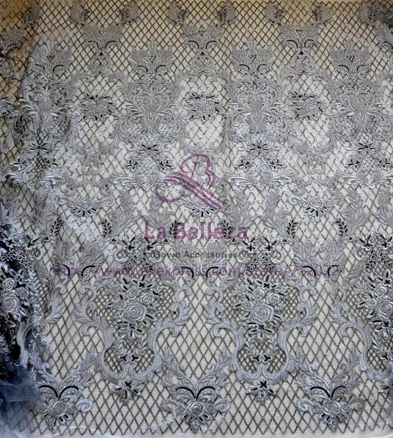 Горячая Мода Стиль off white и другие 3 цвета шнур блестки emboidery кружевная ткань свадебное/вечернее платье ткань 1 ярд - Цвет: Gray