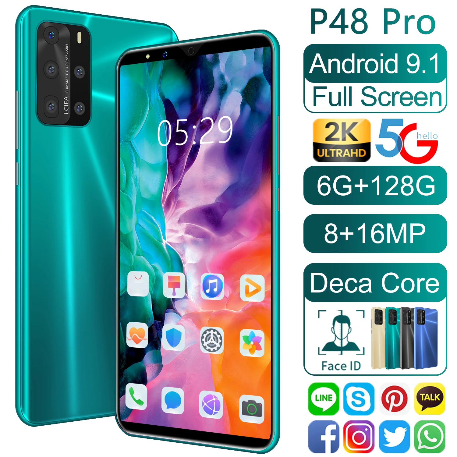 

2021 Hot Global Version P48 Pro 5.8 Inch Cellphone 3800mAh 6+128GB 8+16Mp HD Camera Face ID Multi Functional Android Smartphone