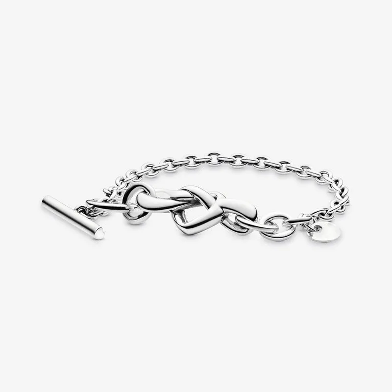

New Pattern Chunky Infinity Knotted Heart-embellished T-clasp 925 Sterling Silver Pan Bracelet Fit Fine Bangle Bead Charm