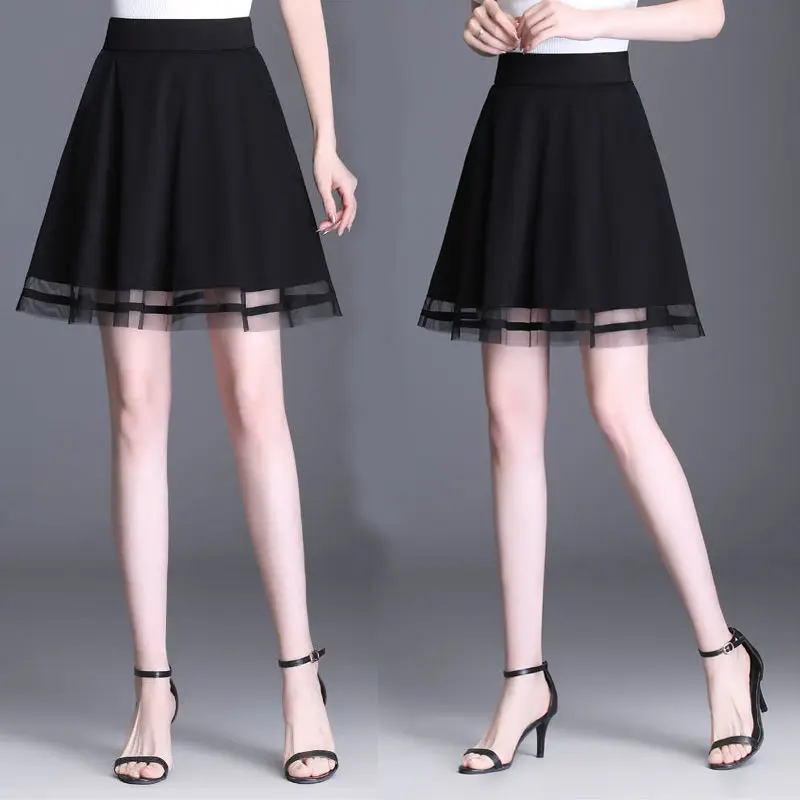 

Женская юбка с высокой талией, черная трапециевидная юбка из тюля с эластичным поясом, пышная юбка-зонтик с карманами, весна-лето 2021