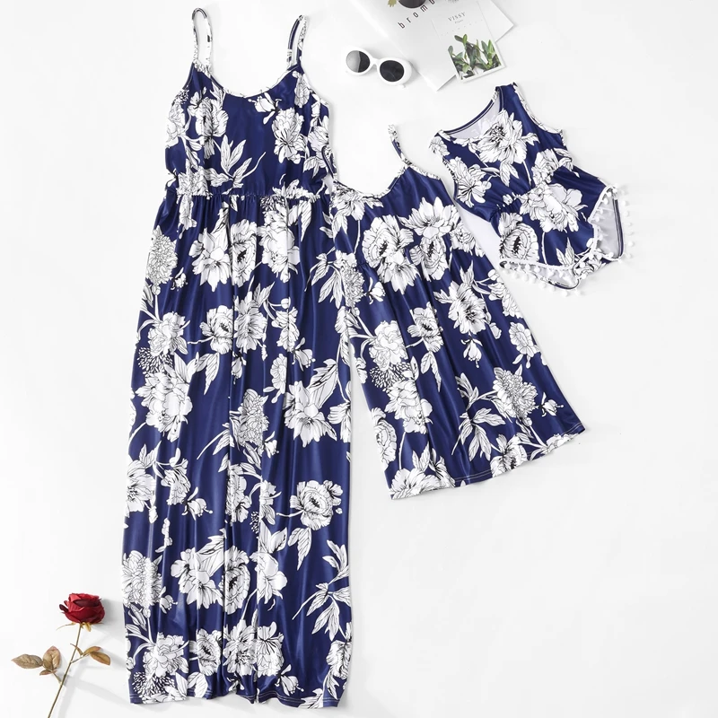 Платье для мамы и дочки синее желтое длинное платье с цветочным принтом одежда