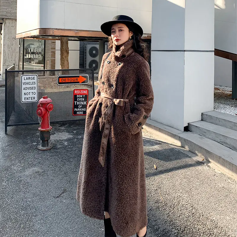 2021 Winter Women Natural Lambs Wool Fur Coat Female Real Sheep Shearling Fur Jacket Lady Casual Thick Warm Long Outerwear O142