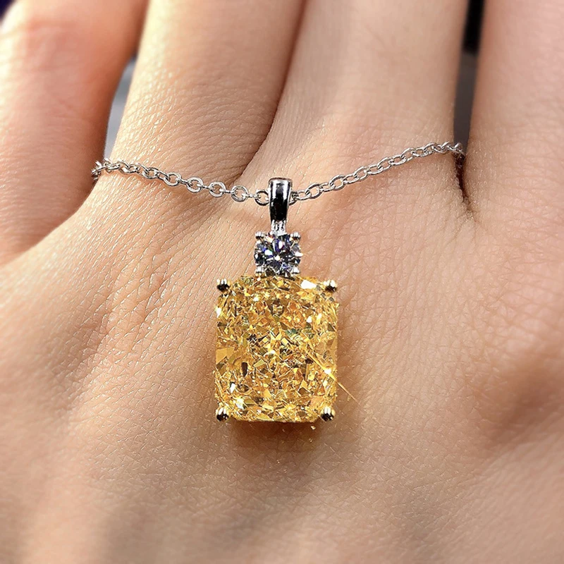

OEVAS 100% 925 Sterling Silver Sparkling 10*12mm Ice Cut Yellow High Carbon Diamoind Neckalce For Women Party Fine Jewelry