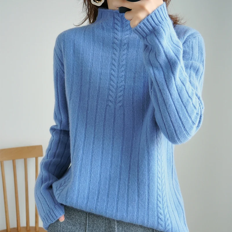 100% Wool New Autumn winter Women Knitted Sweater Pullovers Half collar sweater Solid Color Elastic Twist Lady Tops | Женская одежда