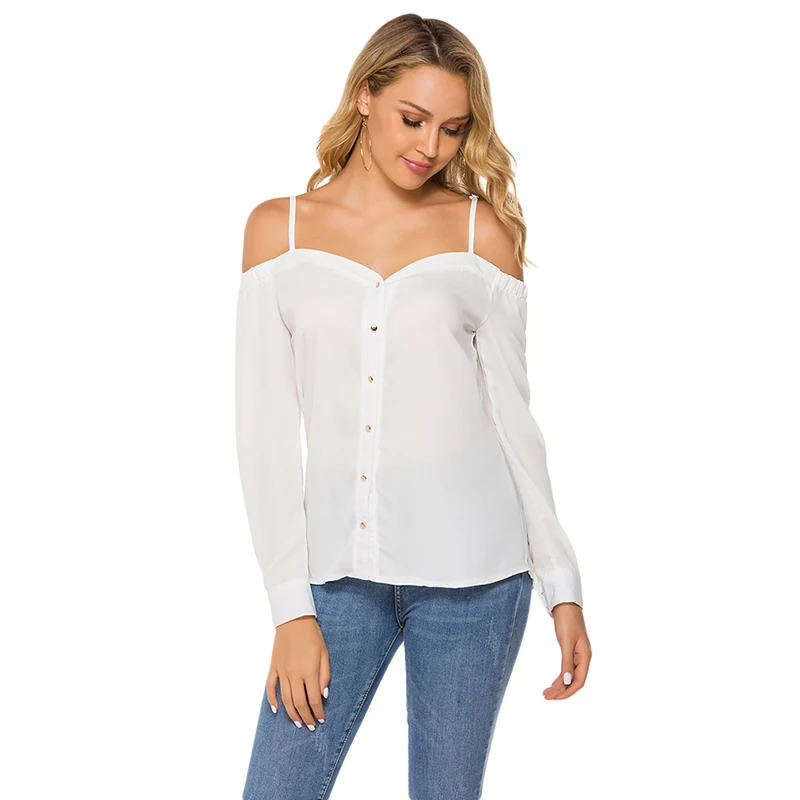 

High Quality Harajuku Aesthetics Sling Button shirt Chiffon Solid Color off-shoulder long-sleeved Fashion Casual Elegant Shirt