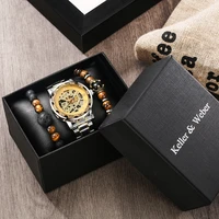 luxury men mechanical wristwatches 2021 gear steampunk skeleton hand winding watch gifts set with 2 bead bracelets for husband