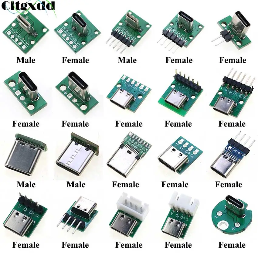 

1Pcs USB 3.1 Type C Connector 90/180 Degree Vertical Test PCB Board Adapter Male Female Socket For Data Line Wire Cable Transfe