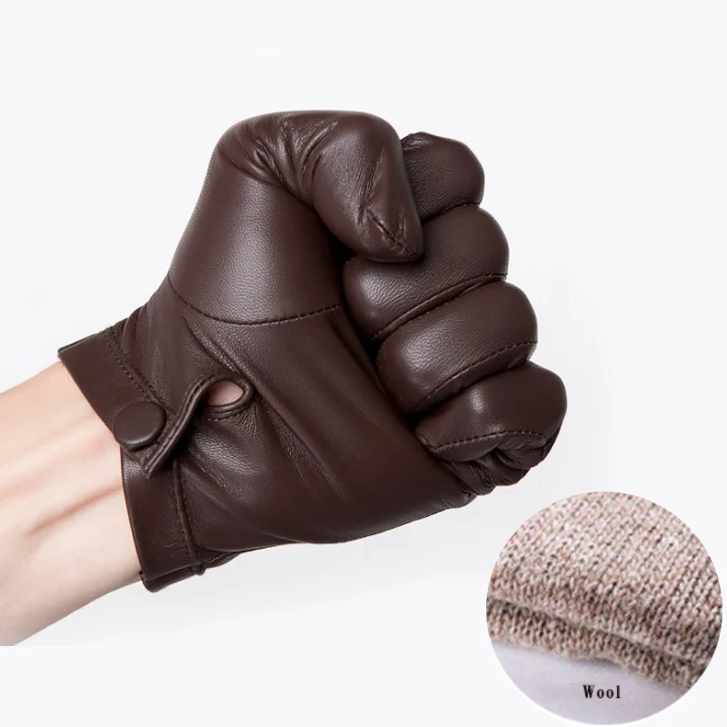 brown knit lining Highshine, без подкладки, на запястье, на кнопке, цельный кусок овечьей кожи, сенсорный экран, Зимние перчатки для мужчин, черные и коричневые - Цвет: brown knit lining