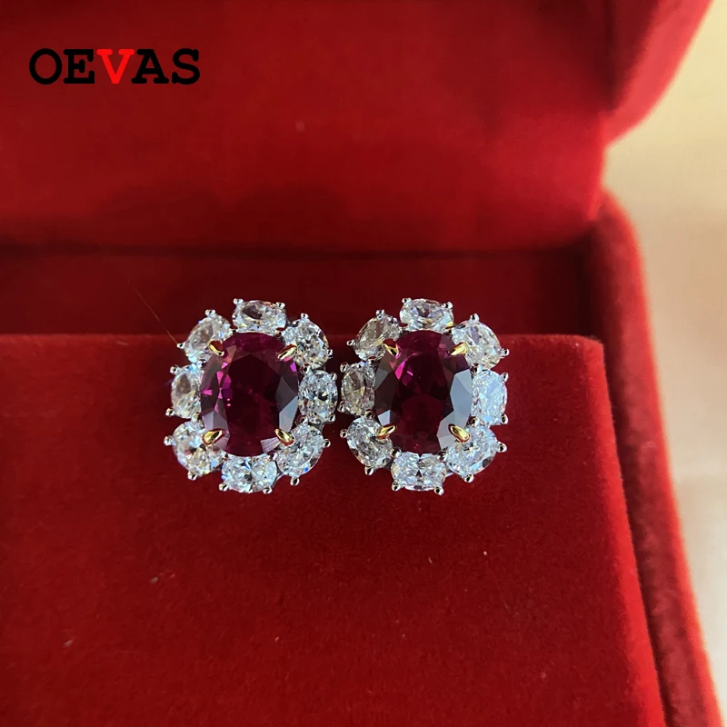 OEVAS Vintage 100% 925 Sterling Silver Created Moissanite Ruby Gemstone Birthstone Ear Stud Earrings Sparking Fine Jewelry Gifts