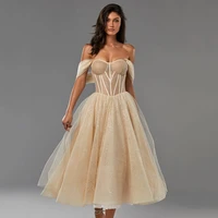 uzn champagne glitter prom dress princess sweetheart evening dress off the shoulder straps tea length party dresses 2022