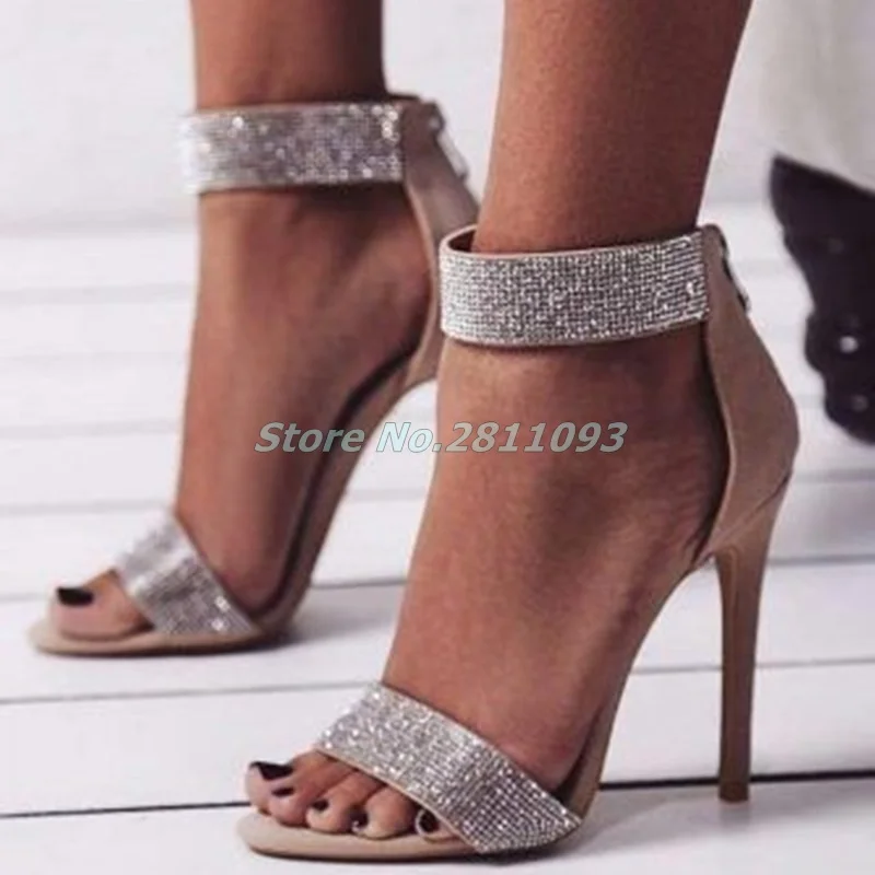 

Shiny Stiletto Heel Heel Covering Open Toe Zipper Women's Prom Sandals Summer Dress Thin Heel Dress Ladies Shoes Crystal Decor