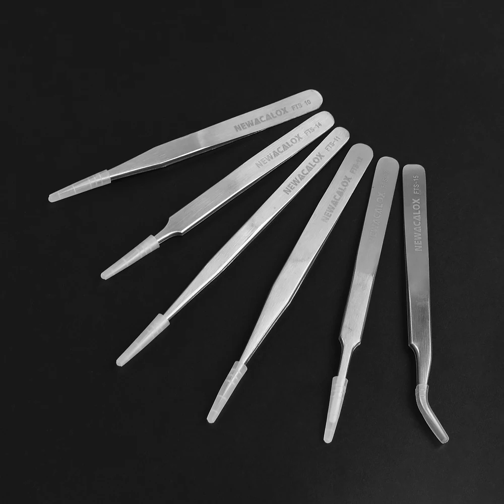 NEWACALOX 6 шт./компл. ФТС Нержавеющая сталь промышленный Анти-статический Пинцет Комплект точность немагнитные пинцеты для лаборатории ювелирная работа