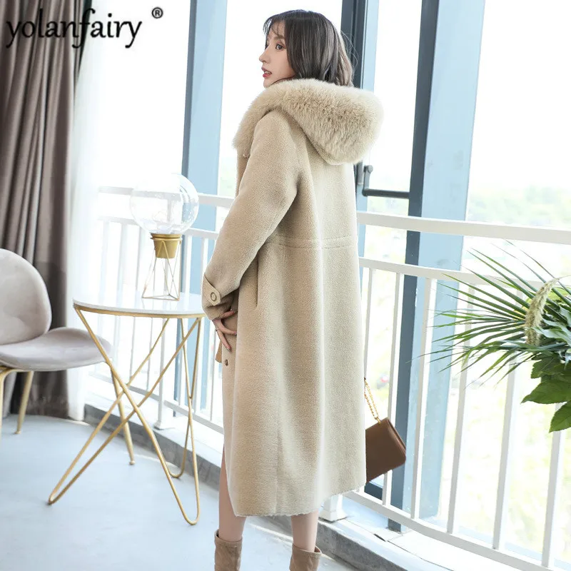 

Winter Real Fur Coat Women Clothes Fox Fur Collar Hooded Long Sheep Shearing 100% Wool Jacket 2020 Abrigos Mujer 1803 KJ4891