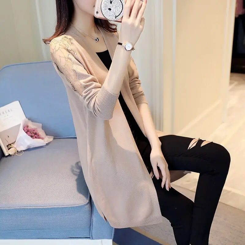 

Women 'S 2021 Spring and Autumn New Lace 'S Solid Color Thin Sweater Korean Cardigan Loose Shawl Coat