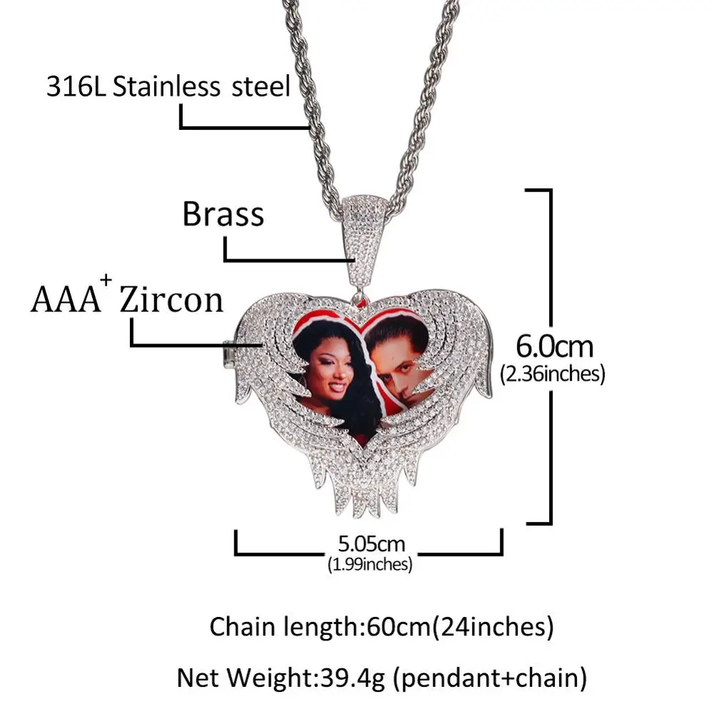 

Custom Photo Hip Hop AAA Zirconia Paved Bling Iced Out Heart Wing Pendants Necklace for Women Men Rappers Jewelry Gifts