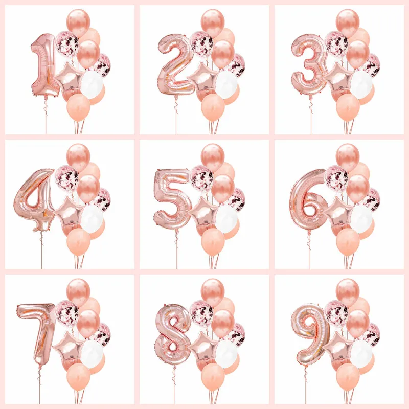 

12pcs Number Foil Rose Gold Latex Balloons Happy Birthday Party Decoration Kids Baby Girl 1st 1 2 3 4 5 6 7 8 9 One Years Old