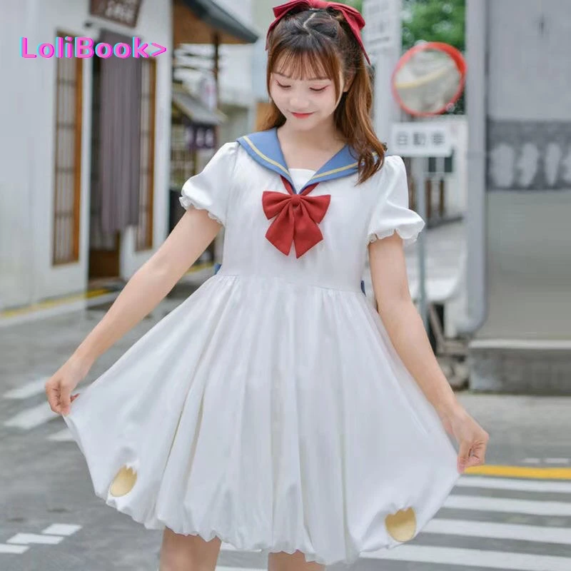 Японское кавайное женское платье Lolibook школьная форма пышные рукава тёмно-синий