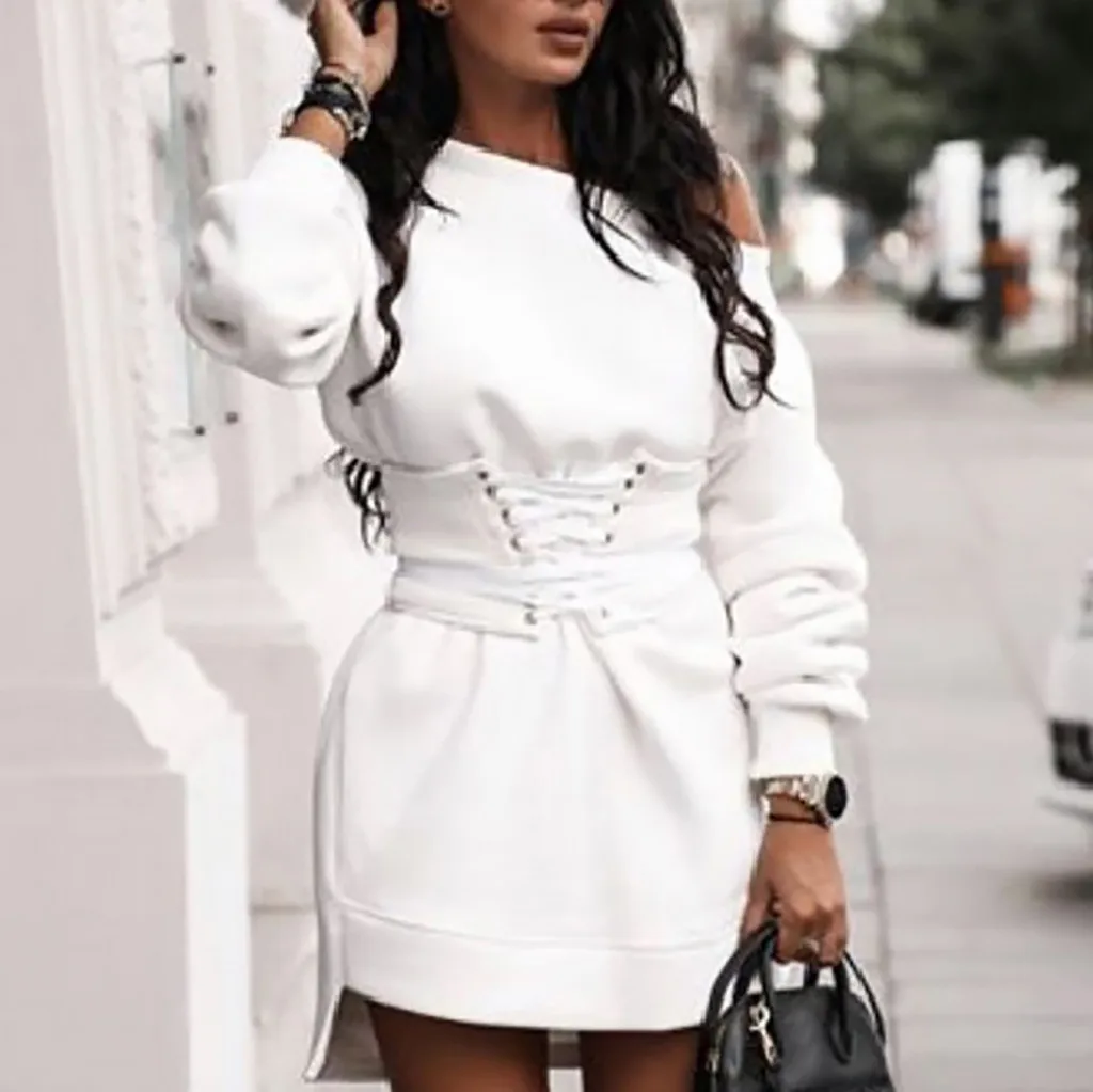 Зимнее женское белое платье с круглым вырезом флисовое плотное длинным рукавом +