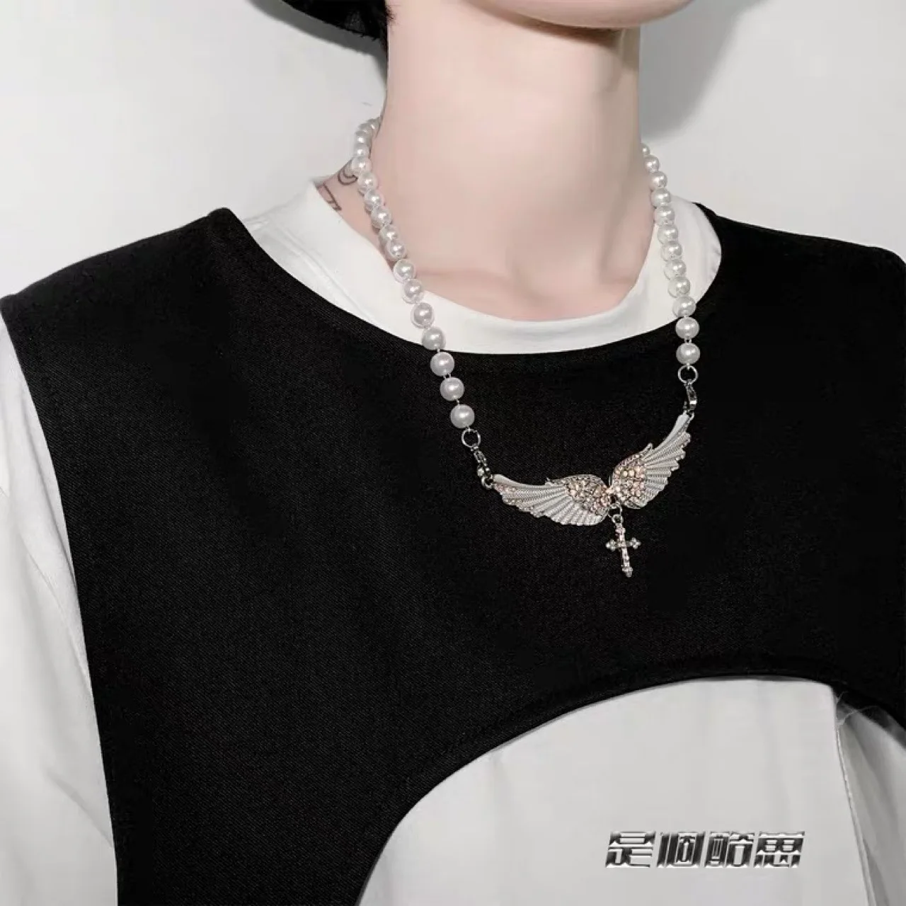 Ins Wind ангельские крылья Жемчужное ожерелье крест крылья|Цепочки| |