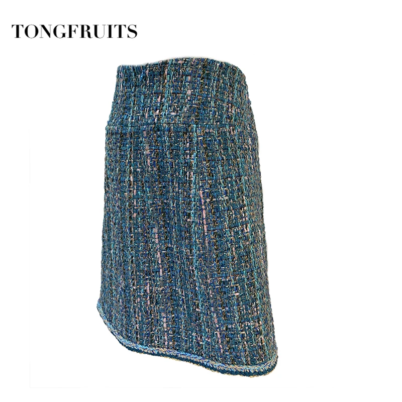 2019 Осень Зима Высокая талия юбка синий тканый трехмерный женский мини на молнии
