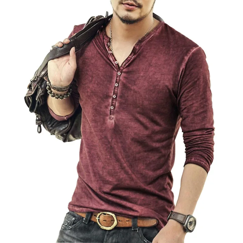 

2021 Hot Sale New Men Long-sleeved T-shirts High Quality Men Old Color Cardigan T Shirt Restoring Ancient Ways V-neck T-shirt
