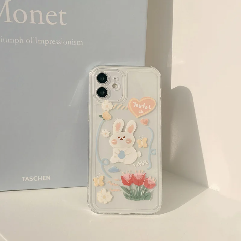 retro kawaii rabbit sweet flowers japanese phone case for iphone 13 11 12 pro xs max xr x 7 8 plus 7plus case cute clear cover free global shipping