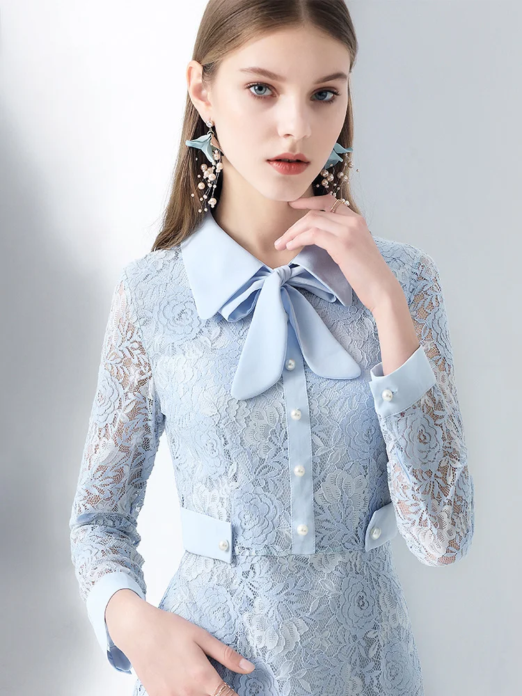 Only Plus Spring Autumn Women Lace Midi Dress Sky Blue Patchwork Bow Collar Runway Embroidery Party Elegant Dresses | Женская одежда