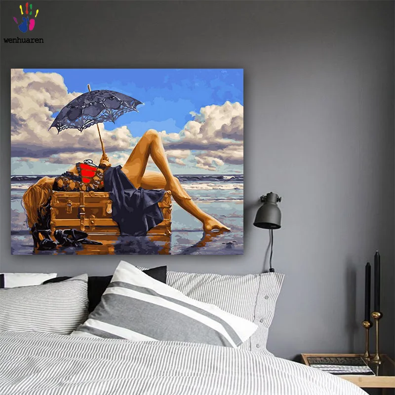 DIY картинки для раскраски по номерам с цветами Женщина Лежащая у моря картина