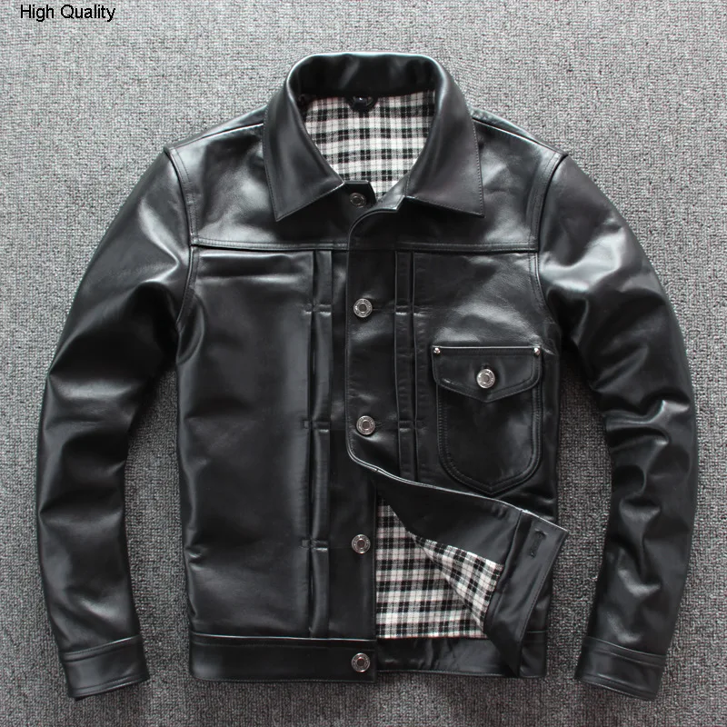 Мужская короткая куртка из телячьей кожи однобортная приталенная джинсовая в