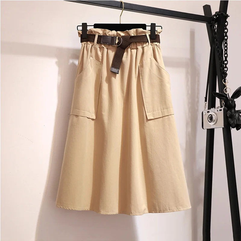 

Midi Knee Length Summer Skirt Women With Belt 2021 Spring Casual Cotton Solid High Waist Sun School Skirt Female