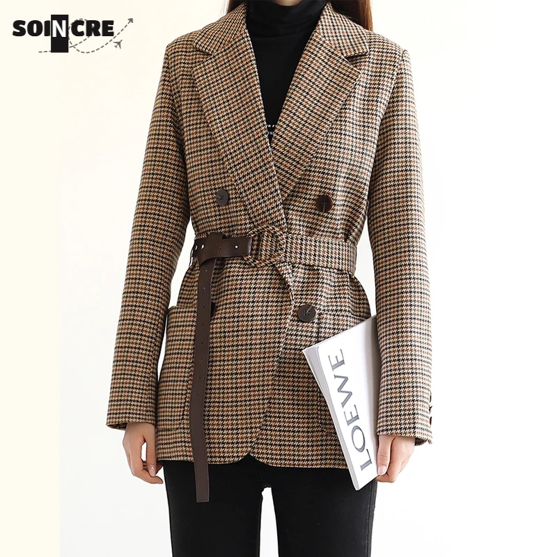 

2021 Autumn Office Ladies Vintage Houndstooth Women Blazer Sashes Double-breasted Plaid Suit Jacket Long Sleeve Pockets Blaser