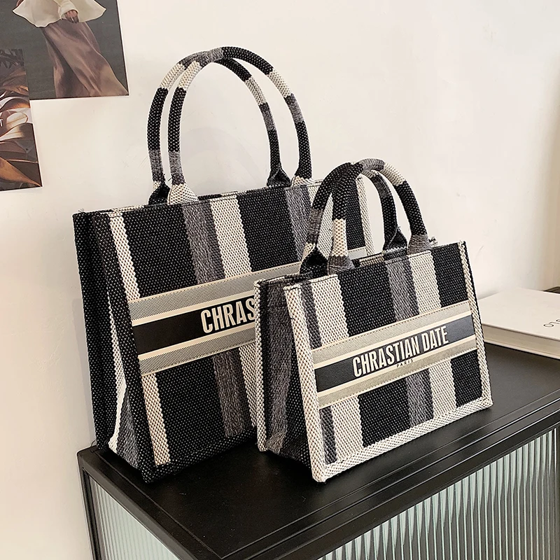 

High-quality Canvas Fashion Large-capacity Striped Handbag Texture Shopping Bag-shaped Retro All-match Lady Tote Bag Monogram