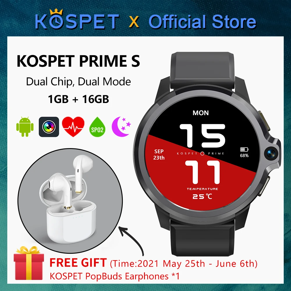 Smartwatch 2021 KOSPET PRIME S 1GB 16GB Smart Watch Men Dual Mode Camera Bluetooth GPS 4G Android Smart Watch IP67 Waterproof