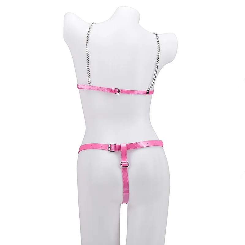 Экзотические аксессуары кожаный бондаж с эффектом влажного вида лямка через шею