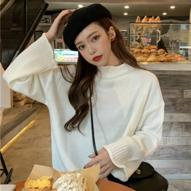 

NEW Pullovers Women Knitted Half Turtleneck Outwear Womens Ulzzang Harajuku Students Korean Style Solid Various Color Simple Sty