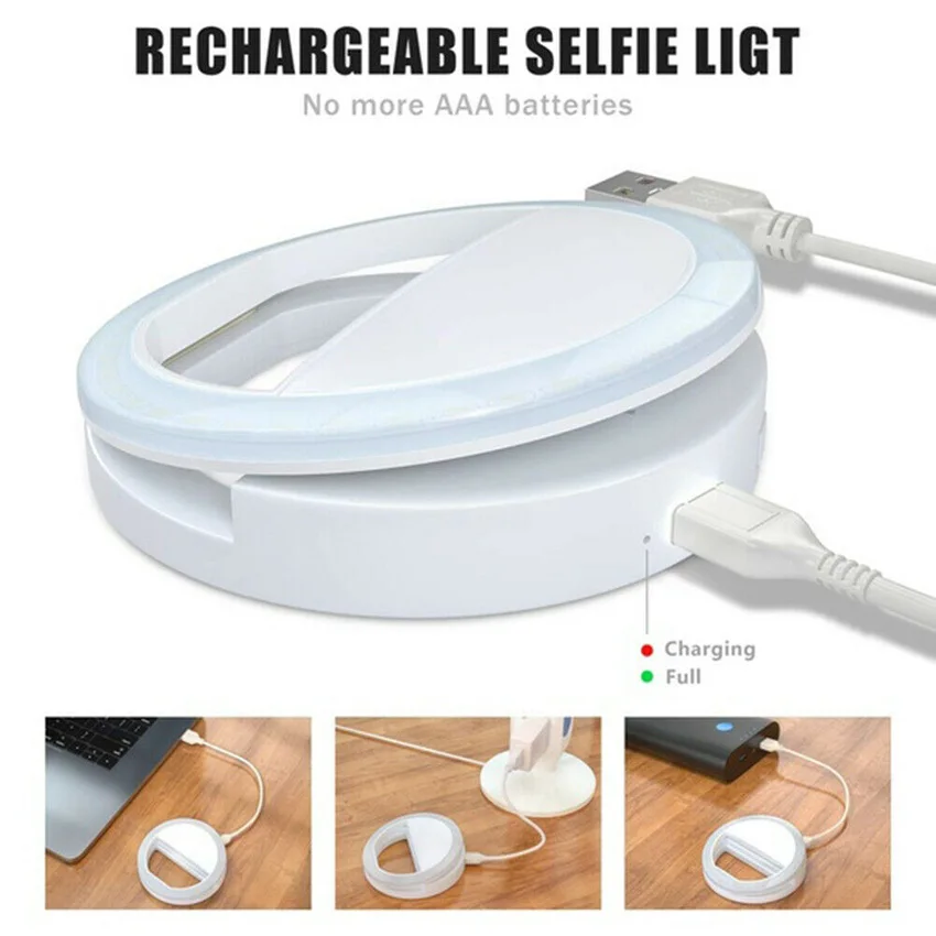 

Rechargable RGB LED Ring Mobile Phone Selfie Ring Flash Lens 3-level Brightness Fill Light Lamp Clip-on For Smartphone Light 3.3