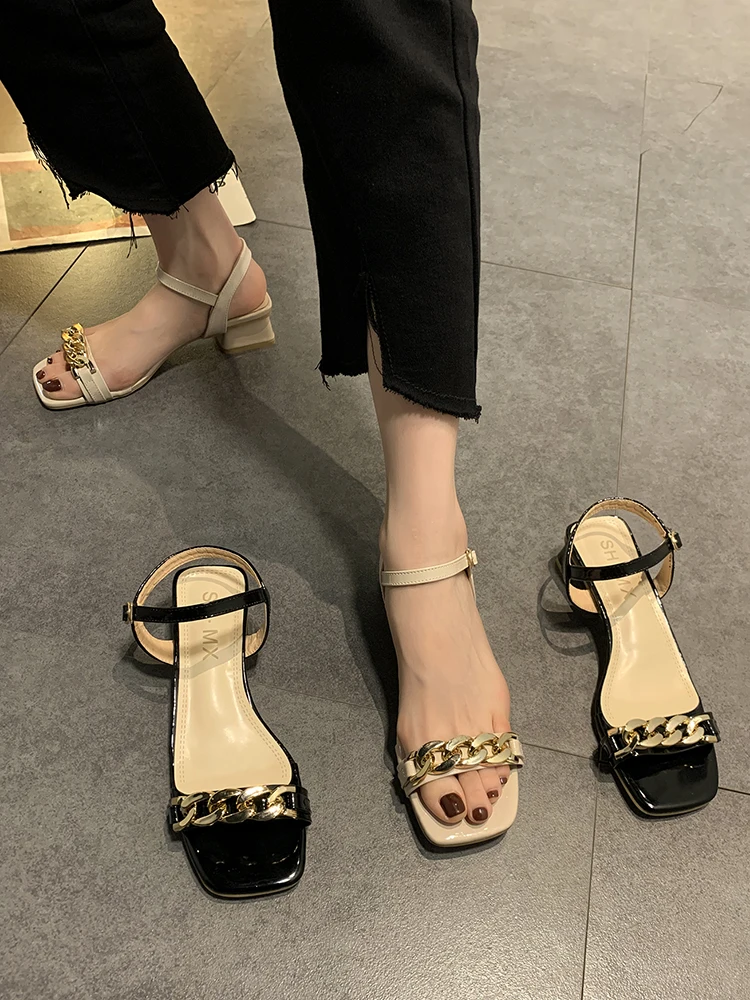 

Med 2021 Summer Clear Heels Luxury Sandals All-Match Buckle Strap Female Shoe Medium Fashion Girls Rhinestone New Block Comfort