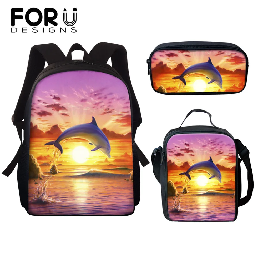 

FORUDESIGNS Lovely Dolphin Printed Children Daily School Backapck Child Adjustable Schoolbag Set Outdoor Book Bags for Teen Girl