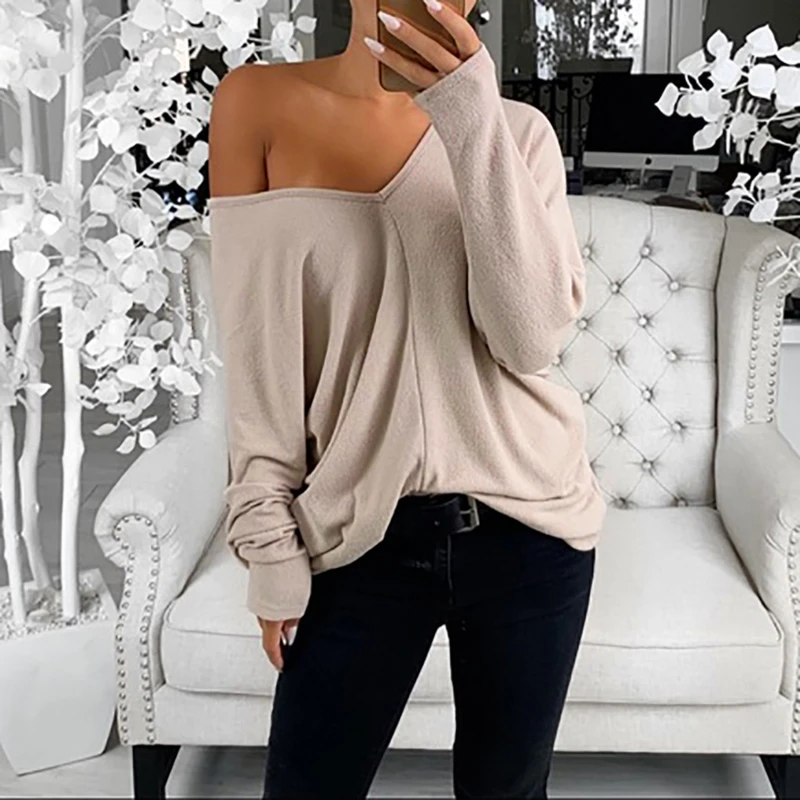 

Fashion V Neck Ladies T Shirt Casual Long Sleeve Solid Color Tops Simple Style Loose Pullovers Ladies Spring Autumn T Shirt