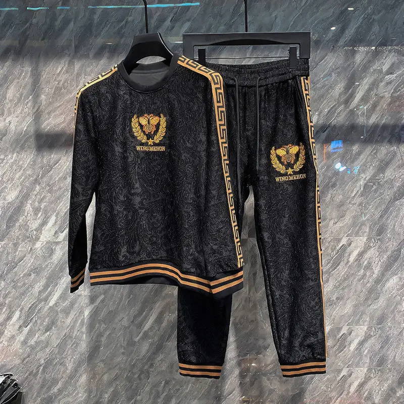 

New high end sportswear men's autumn trend embroidered dark grain thickened sweater casual two piece men's wear
