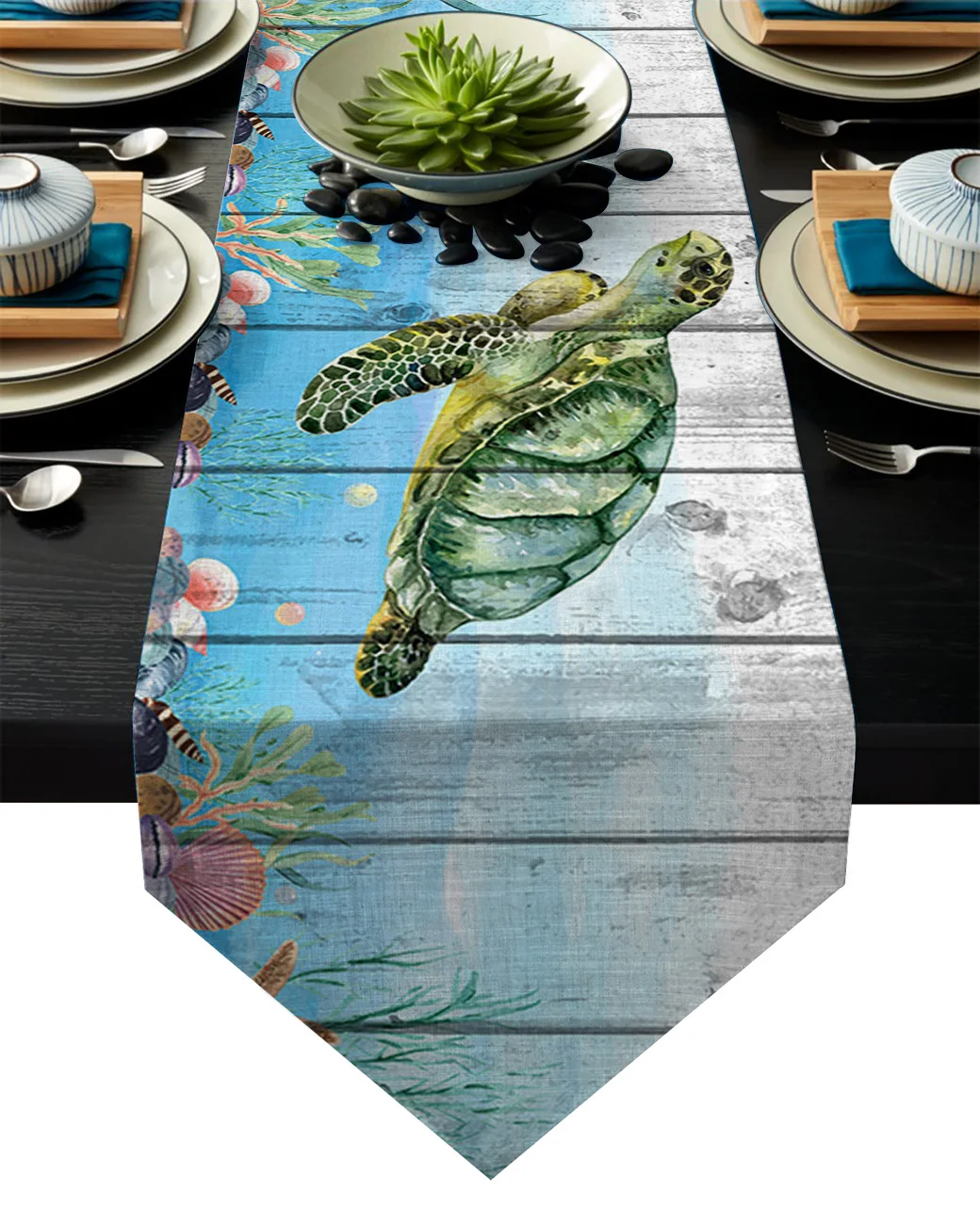 Ocean Turtle Coral Starfish Wood Grain Hotel Family Dinner Table Flag Kitchen Decoration Runner | Дом и сад