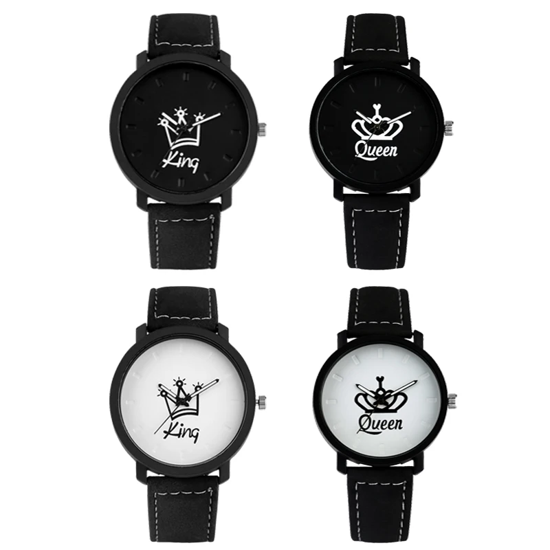 

Couple Watch Women Queen Men King Crown PU Leather Band Quartz Watches Black/White Dial Wristwatch Timepieces Lovers Best Gifts