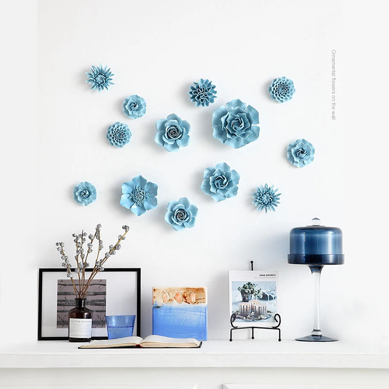 

Chinese Blue Peony Rose Ceramic Flower Wall Mural Adornments Home Livingroom Wall Sticker Crafts Hotel Cafe Bar Wall Mural Decor