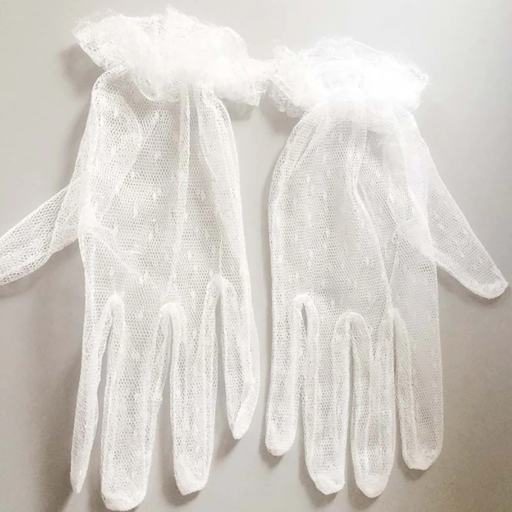 

2 Color White Red Bride Wedding Gloves Short Design Lace Gauze Transparent Women Gloves UV-Proof Summer Women Fishnet Mitten