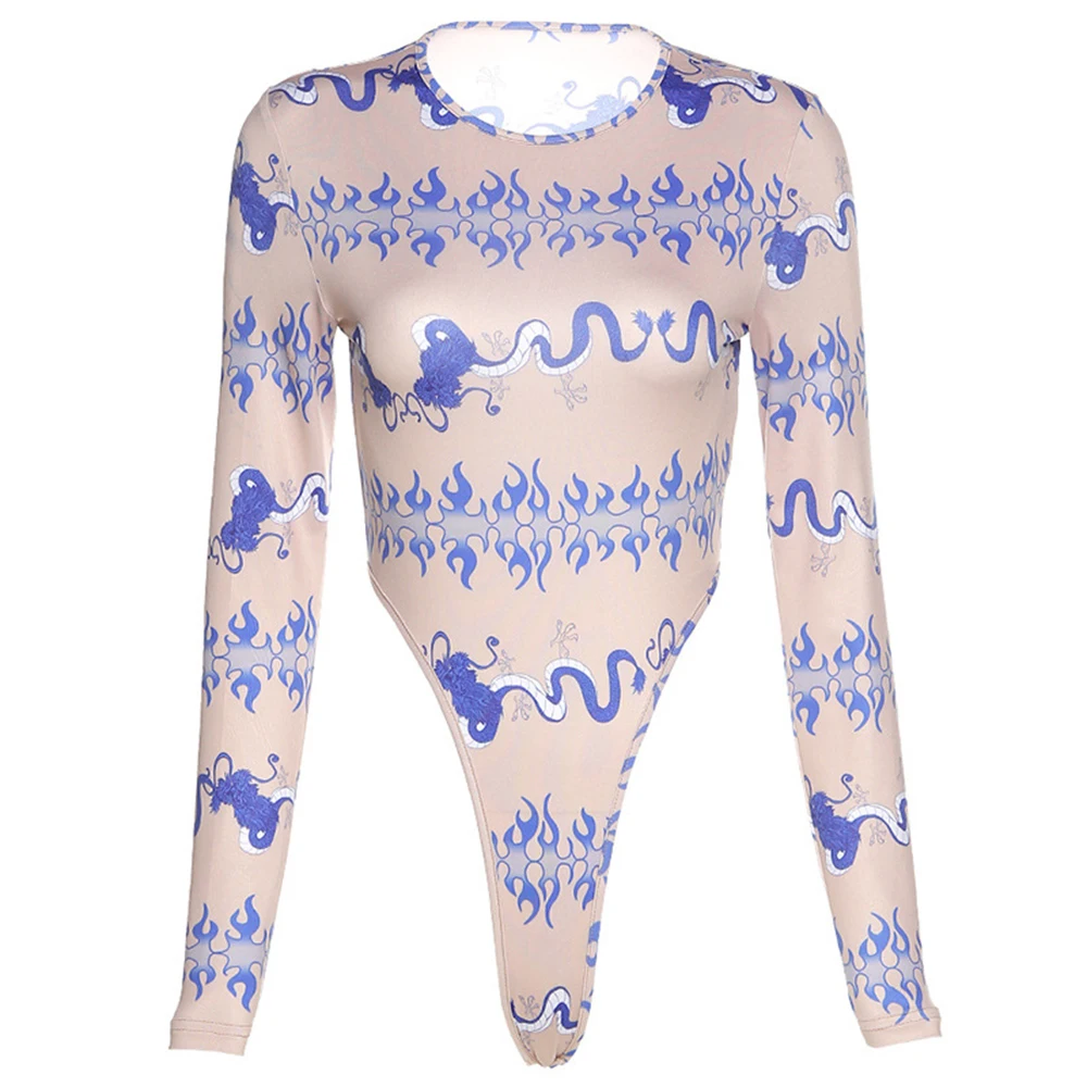 

Long Sleeve Personality Pattern Bodysuit Women O-Neck Skinny Elastic Autumn Sweatshirt Sexy Bodycon Female Casual Streetwear