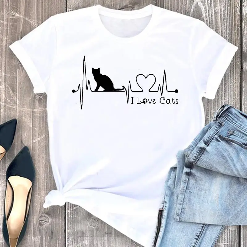 

Women Love Heart Cat Pet Animal Clothes Cartoon Clothing Fashion Short Sleeve Print Tshirt Female Top Graphic Tee T-shirt