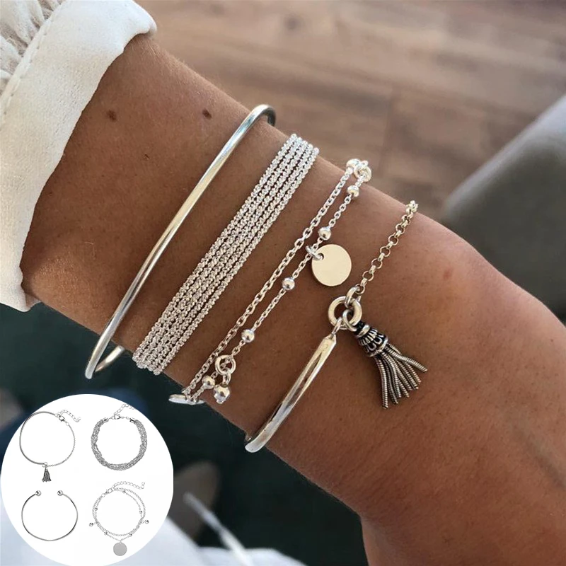

Chain Bangles Beach 4PCS Geometric Jewelry MultiLayer Tassel Chain